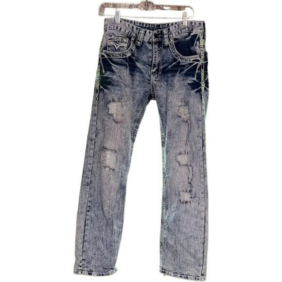 Distressed Black Premium Acid Wash Jeans With Neon Green Stitching Mens 28x30 Co - Picture 1 of 15